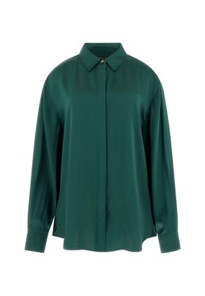 Dunkelgrüne Langarmbluse mit verdeckten Vorderknöpfen, klassischem Kragen und geknöpften Manschetten vor einfachem weißem Hintergrund.