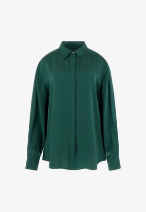 Dunkelgrüne Langarmbluse mit verdeckten Vorderknöpfen, klassischem Kragen und geknöpften Manschetten vor einfachem weißem Hintergrund.