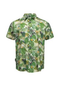 Camicia a manica corta con colletto in cotone verde, con stampa di foglie tropicali e animali. Presenta una chiusura con bottoni e un orlo arrotondato.