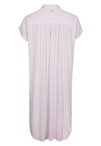 Robe manches courtes à rayures verticales violet clair et blanc, avec un empiècement et un détail plissé au dos.