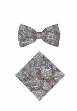 Brown bow tie and matching pocket square with blue and beige paisley floral pattern on white background.