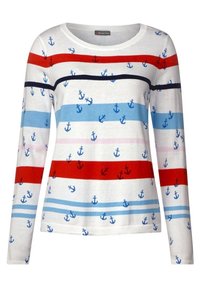 Long-sleeve sweater featuring horizontal stripes in red, blue, and white, with small anchor patterns throughout. Cotton knit material, ribbed cuffs.