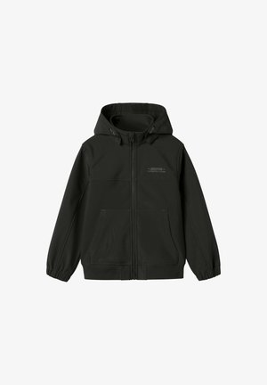Veste noire zippée avec capuche, poignets élastiques, deux poches avant et un petit logo imprimé sur la poitrine. Fabriquée en un tissu lisse et texturé.