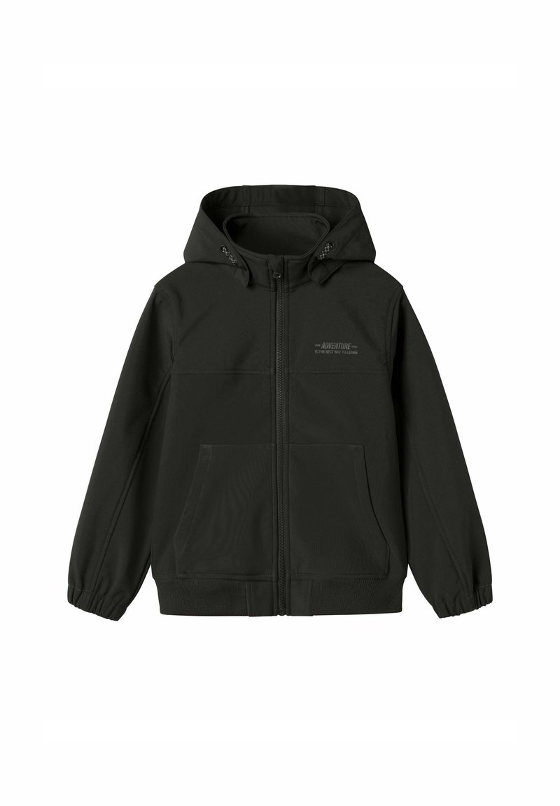 Schwarze Zip-Jacke mit Kapuze, elastischen Bündchen, zwei Fronttaschen und einem kleinen Logo auf der Brust. Hergestellt aus einem glatten, strukturierten Stoff.