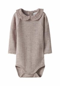 Baby-Bodysuit mit langen Ärmeln in sanftem Mauve, ausgestattet mit einem Spitzenkragen und einem strukturierten Muster. Druckknöpfe im Schritt für ein einfaches Ankleiden.