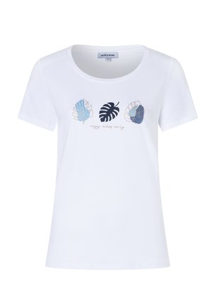 Weißes T-Shirt mit kurzen Ärmeln, das drei blaue und dunkelblaue Blattgrafiken sowie den zentralen Text "nur gemütliche Vibes" auf der Brust zeigt.