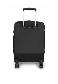 Schwarzer Rollkoffer mit rechteckiger Form, robustem Stoff, ausziehbarem Griff und Doppelrädern für Mobilität. Glattes, minimalistisches Design.