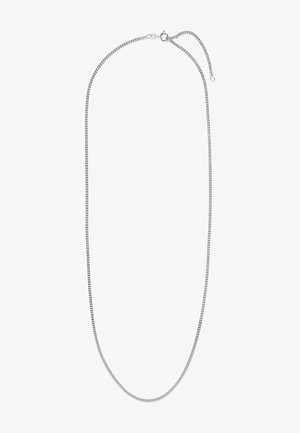 Silberfarbene Kettenhalskette mit flachem, glattem Design. Sie verfügt über ein dezentes, poliertes Finish und einen sicheren Verschluss an einem Ende.