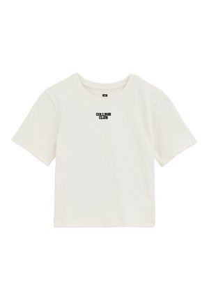 T-shirt bianco a maniche corte in cotone, con la scritta nera stampata "COLLEGE CLUB" sulla parte anteriore, con scollatura a girocollo.