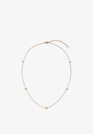Collier couleur or avec cinq petits pendentifs en forme de cœur sur une chaîne délicate, doté d'un fermoir réglable et d'une chaîne d'extension.