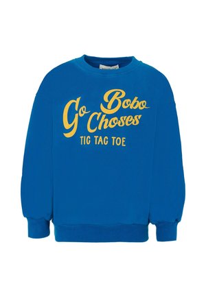 Sweat-shirt bleu en coton, avec le texte jaune "Go Bobo Choses TIC TAC TOE." Manches longues avec des poignets élastiques et un col rond.