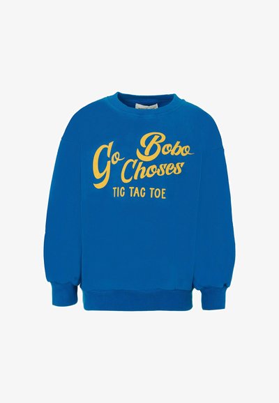 Sudadera azul de algodón, con el texto amarillo "Go Bobo Choses TIC TAC TOE". Mangas largas con puños elásticos y un cuello redondo.