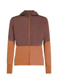 Kojenecká bunda s kapucí se zipem vpředu, hnědými a oranžovými barevnými bloky, texturovanou tkaninou a elastickými manžetami pro těsné uchycení.
