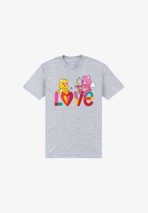 Szary bawełnowy T-shirt z motywem kreskówkowych niedźwiedzi; jeden żółty z sercem, a drugi różowy z skrzydłami, otoczony kolorowymi napisami 'LOVE'.