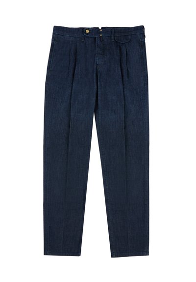 Donker denim broek met een recht pijpdesign, geplooide voorkant, riemlussen en een metalen knoopsluiting. Glad materiaal met een klassieke uitstraling.