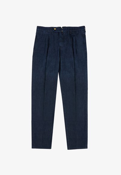 Donker denim broek met een recht pijpdesign, geplooide voorkant, riemlussen en een metalen knoopsluiting. Glad materiaal met een klassieke uitstraling.