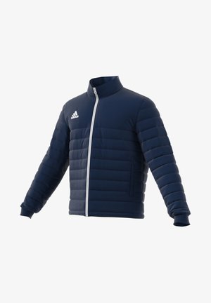 Navy blue puffer jacket featuring quilted panels, a high collar, full front zipper, and white accent zipper on the front.