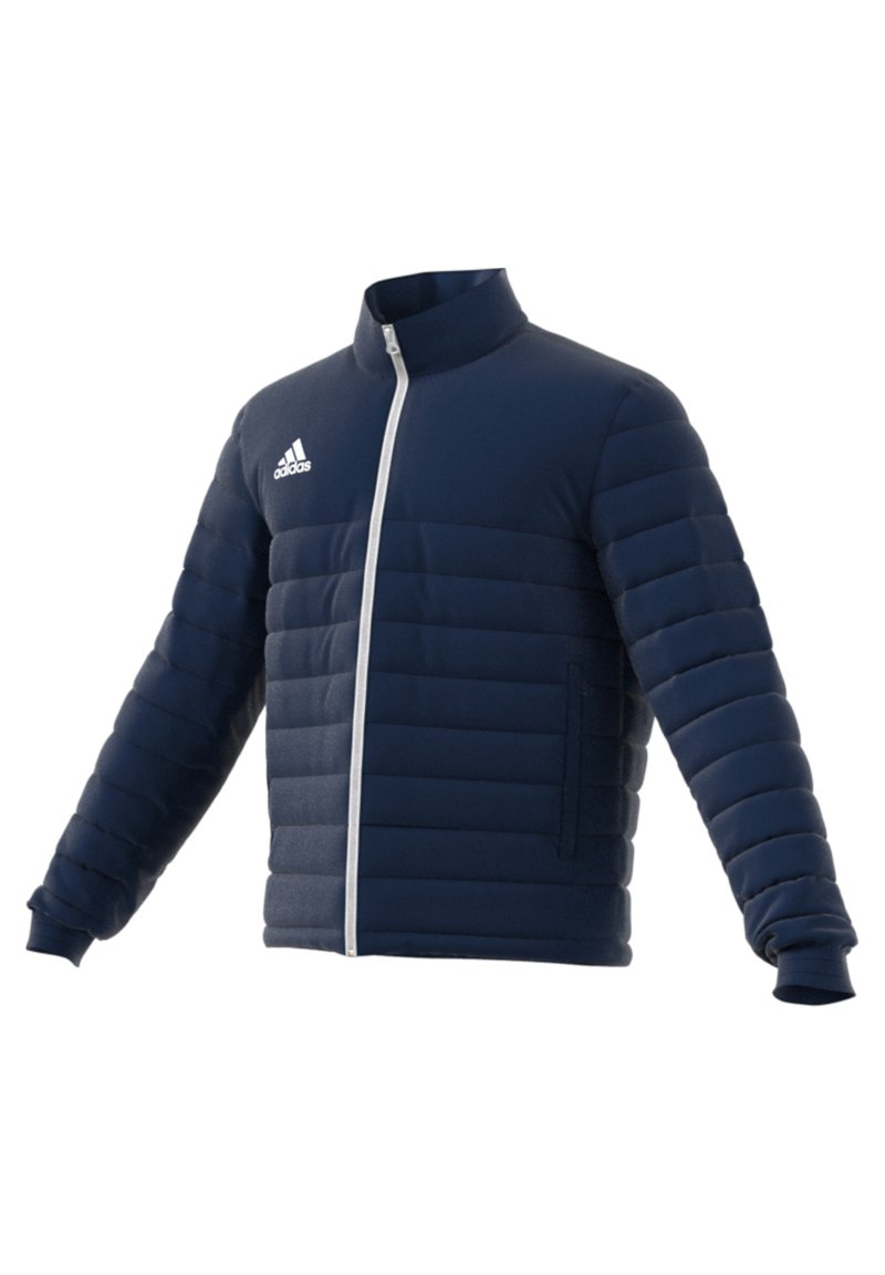Navy blue puffer jacket featuring quilted panels, a high collar, full front zipper, and white accent zipper on the front.