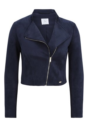 Donkerblauwe cropped jas van neppersuède met reverskraag, asymmetrische ritssluiting en lange mouwen. Voorzien van een subtiele logo-accent.