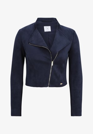 Donkerblauwe cropped jas van neppersuède met reverskraag, asymmetrische ritssluiting en lange mouwen. Voorzien van een subtiele logo-accent.