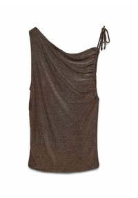 Vientisviršis iš metalizuoto rudo audinio, su drapiruota tekstūra ir reguliuojamu raiščiu ant peties. Glaudus paviršius.