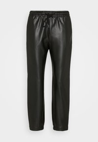 Zwarte leren joggers met een elastische tailleband en trekkoord, met een soepele textuur en rechte pijpen. Zonder patronen of accenten.