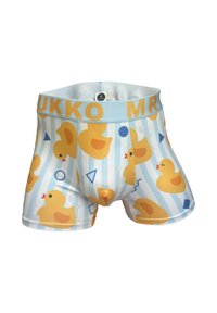 Męskie bokserki z jasnoniebieskim tłem, na którym znajdują się żółte grafiki gumowych kaczek, geometryczne kształty oraz niebieski pas z żółtym napisem.