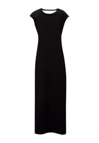 Robe maxi noire en tissu lisse, avec un col rond et de courtes manches pagode, présentant une silhouette droite et sans détails supplémentaires.