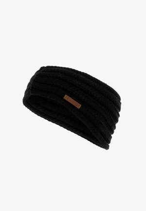 Zwarte gebreide haarband met ribbelstructuur, voorzien van een klein bruin leren label. Ontworpen om snugly om het hoofd te passen.
