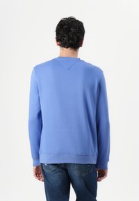 Felpa blu con collo a giro, maniche lunghe e polsini a costine. Materiale morbido e texture liscia, con un sottile dettaglio di cucitura sul retro.