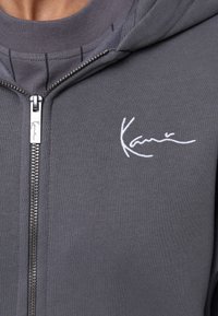Grå zip-up hoodie med en blød tekstur, der har en sølv lynlås og broderet logo i hvid. Indvendigt har den et gråstribet design.