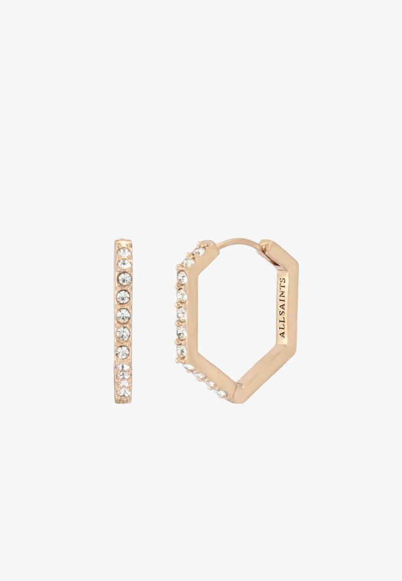 Pendientes de aro en tono dorado con forma hexagonal, que cuentan con cristales transparentes incrustados en un lado. Marcados con la marca "ALLSAINTS".