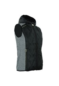 Zwarte gewatteerde vest met capuchon, voorzien van een houndstoothpatroon aan de zijkanten, ritszakken en een soepele textuur.