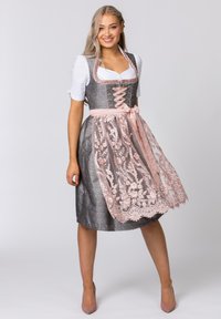 Gray textured dress with a pink lace apron featuring floral embroidery, belted waist, and short sleeves. Accented with a pink ribbon.