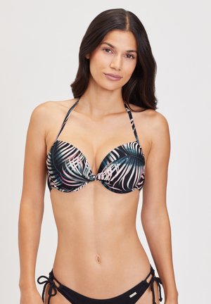 Black bikini top with a tropical leaf print in greens and pinks. Features underwire, padded cups, and adjustable straps.