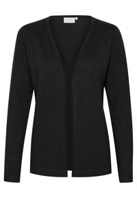 Svart cardigan tillverkad av mjuk stickad tyg, med v-ringning, långa ärmar och öppen framsida med ribbade detaljer längs kanterna.