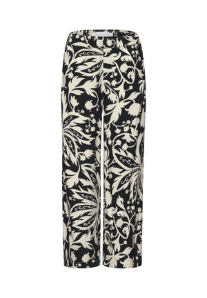Schwarze Hose mit weitem Bein und kräftigen cremefarbenen Blumen- und Blattmustern, mit Bund und lockerer Passform.