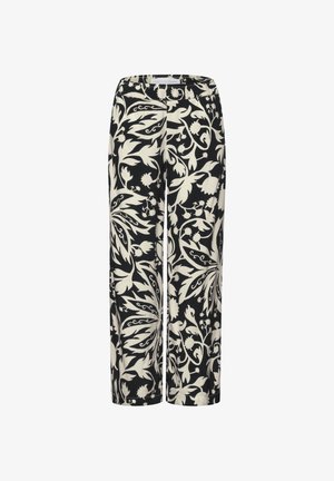 Schwarze Hose mit weitem Bein und kräftigen cremefarbenen Blumen- und Blattmustern, mit Bund und lockerer Passform.