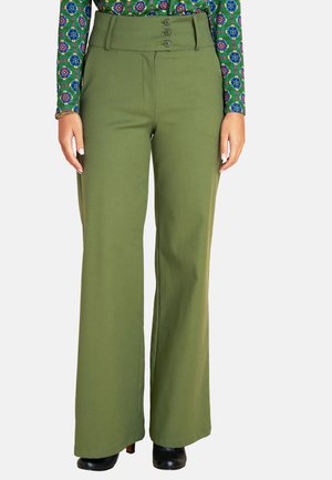 Olive green wide-leg pants with a high waist, featuring three buttons and a smooth texture. Worn with black heels.