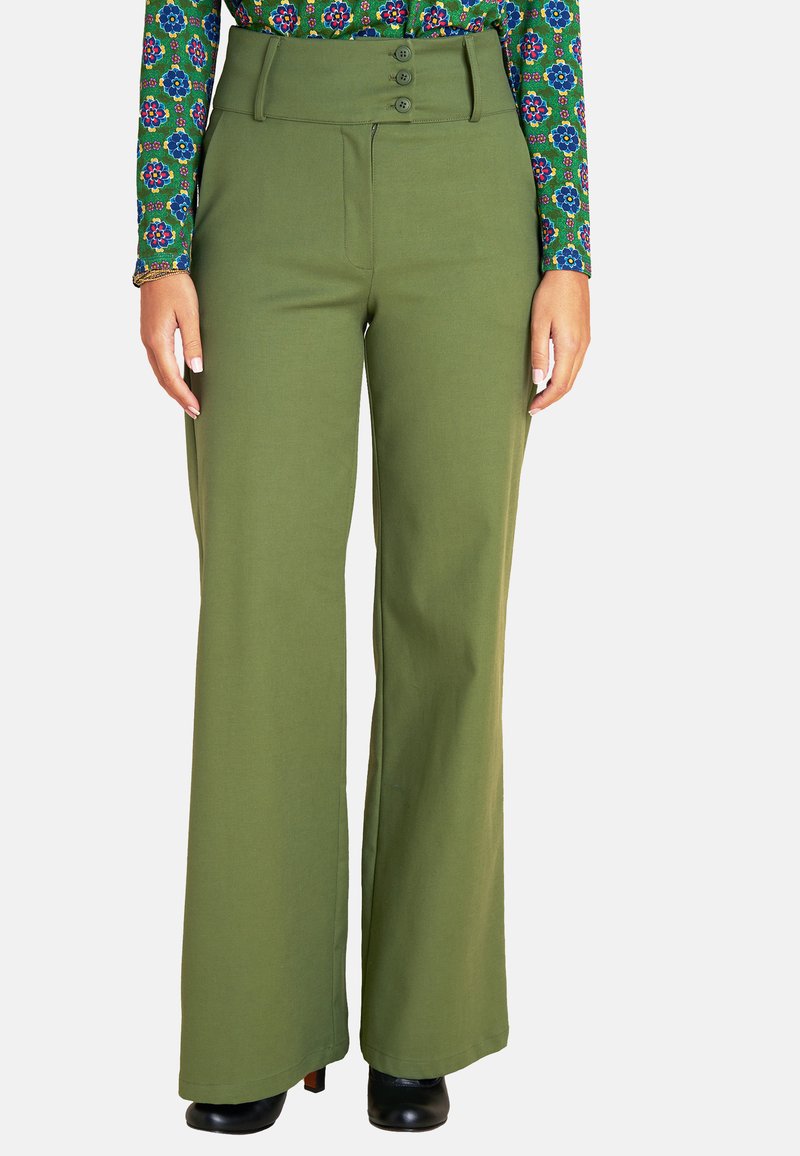 Olive green wide-leg pants with a high waist, featuring three buttons and a smooth texture. Worn with black heels.