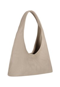 Beige skuldertaske i læder med en buet, minimalistisk design og en stor åbning. Glat tekstur med subtile syningsdetaljer.