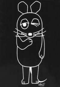 Black fabric featuring a cartoon mouse in white outline. Mouse has large eyes, a winking expression, and prominent whiskers and ears.