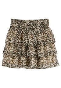 Gonna a strati con stampa leopardata e vita elasticizzata. Realizzata in tessuto leggero, presenta tre strati arricciati in tonalità beige e marrone.