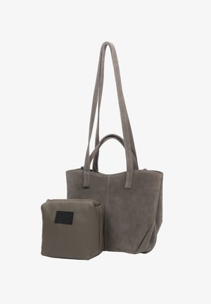 Grijze leren schoudertas met twee lange handvatten en een gestructureerd ontwerp. Inclusief een bijpassend klein etui met ritssluiting met branding.