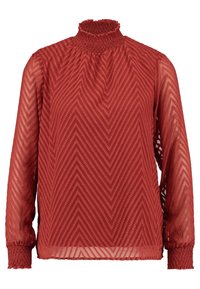 Rote Bluse mit langen Ärmeln, hohem gerafftem Kragen und strukturiertem Zickzackmuster. Durchsichtiger Stoff mit elastischen Bündchen und Saum.
