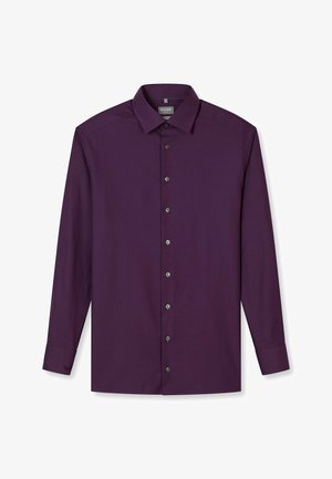 Langärmeliges, violettes Hemd. Glatter, gewebter Stoff mit klassischem Kragen und sechs dunklen Knöpfen auf der Vorderseite. Verstellbare Manschettenärmel.