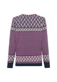 Langsleeve trui met een patroon in marineblauw, roze en crème. Materialen omvatten gebreide stof met een gladde textuur.