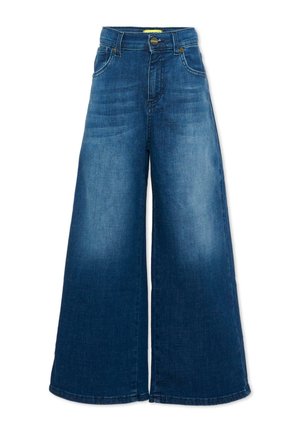 Jeans di denim blu a gamba larga, vita alta, bottone frontale e tasche, mostrati su sfondo bianco.