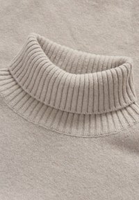 Beige Pullover mit geripptem Stehkragen. Weiche Textur und glatter Körper mit dezenten Nähdetails. Leichtes Strickmaterial.