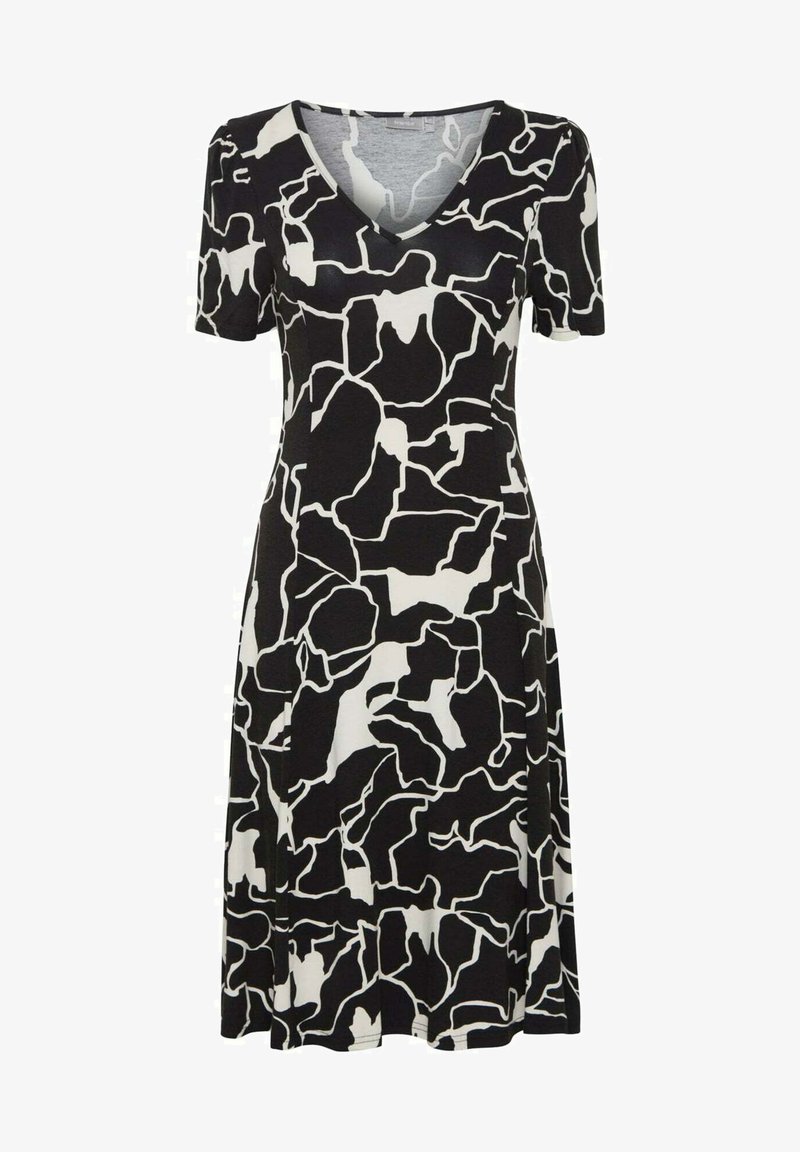 Čierne šaty s výstrihom do V, krátkymi rukávmi a voľným strihom. Tkanina má biele abstraktné vzory a uvoľnený strih.